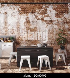 Loft-Wohnung, Küche Interieur, Industriestil, 3d-Render Stockfoto