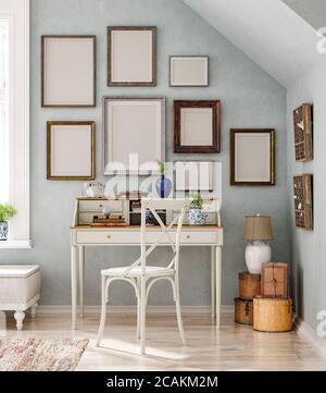 Mockup-Rahmen im Vintage-Innenhintergrund, 3d-Rendering Stockfoto