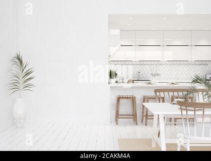 Weiße moderne Küchenausstattung, skandinavischer Stil, 3d-Rendering Stockfoto