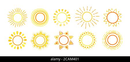 Sun Icons Kollektion. Doodle Hand gezeichnete Sonnen-Set. Leuchtend gelbe Sonne mit Sonnenstrahlen Cartoon Skizze. Fröhliches kindliches Design-Element. Für Poster, Drucke, Karten oder Bücher. Isolierte Vektordarstellung Stock Vektor