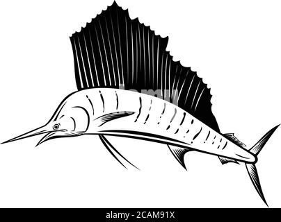 Retro Holzschnitt-Illustration eines Indo-Pazifik-Seemanns, ein Fisch der Gattung istiophorus von Billfish aus dem Indischen und Pazifischen Ozean, springen Stock Vektor