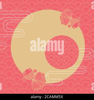 Vektor Linie Kunst der goldenen Fische mit orientalischen Muster und Rahmen. Stock Vektor