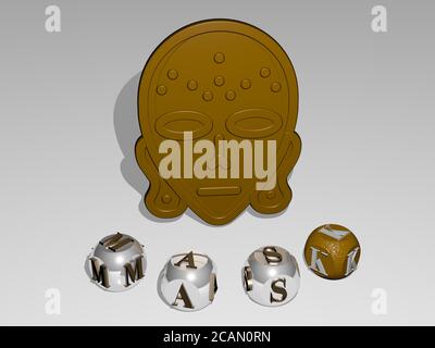 Maskieren Sie runden Text von kubischen Buchstaben um 3D-Symbol, 3D-Illustration für Hintergrund und Gesicht Stockfoto