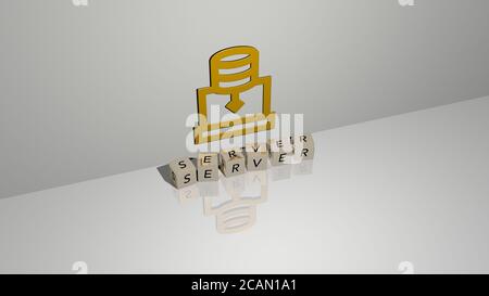 Server-Text von Würfeln Buchstaben auf dem Boden und 3D-Symbol an der Wand - 3D-Darstellung für Daten Und Computer Stockfoto