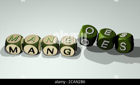 Mangos Text durch das Tanzen Würfel Buchstaben - 3D-Illustration für Obst und Hintergrund Stockfoto