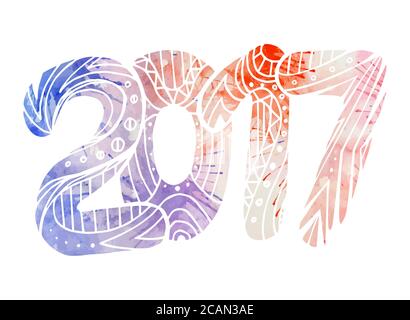 Doodle Nummer 2017 mit Boho-Muster und Aquarell-Hintergrund mit Spritzern. Vektor-Element für Ihre Kreativität Stock Vektor