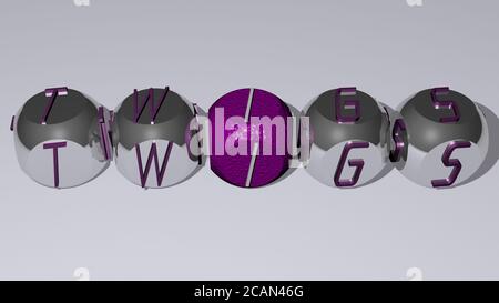 Zweige Text durch Würfelbuchstaben. 3D-Illustration. Hintergrund und Blätter Stockfoto