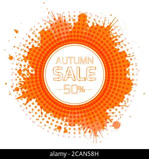 Rundes Banner für den Herbstverkauf mit orangen Spritzern und Halbtönen. Vektorelement für Ihr Design Stock Vektor