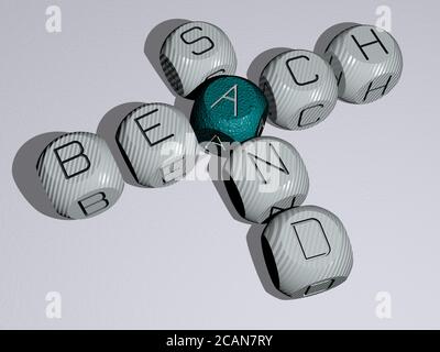 Strand Sand Kreuzworträtsel der Würfel Buchstaben in Farbe. 3D-Illustration. Blau und schön Stockfoto