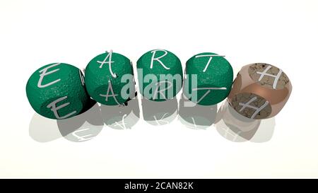 Kreuzworträtsel der ERDE angeordnet durch kubische Buchstaben auf einem Spiegelboden, Konzept Bedeutung und Präsentation. Illustration und Hintergrund. 3D-Illustration Stockfoto