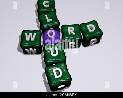 Wort Wolke Kreuzworträtsel der bunten kubischen Buchstaben. 3D-Illustration. Konzept und Hintergrund Stockfoto