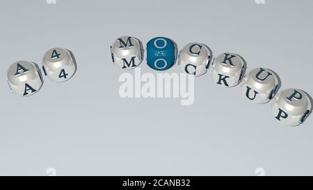 A4 MOCKUP Text von Würfel Buchstaben mit Krümmung. 3D-Illustration. Design und Broschüre Stockfoto