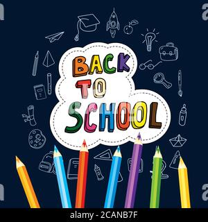 Zurück zur Schule, Poster mit von Hand gezeichneten Kritzeln, Satz von Schulikonen, Banner, Einladungskarten, Cartoon-Stil, Vektor, isoliert Stock Vektor