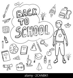 Zurück zur Schule, Poster mit von Hand gezeichneten Kritzeln, Schuljunge geht zur Schule, Satz von Schulikonen, Banner, Einladungskarten, Cartoon-Stil, Vektor Stock Vektor