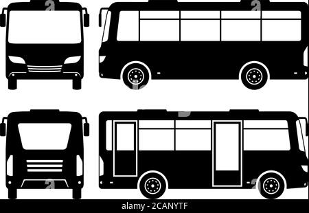 Kleine Bus Silhouette auf weißem Hintergrund. Fahrzeugsymbole stellen die Ansicht von der Seite, von vorne und von hinten ein Stock Vektor