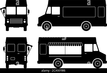 Foodtruck Piktogramme auf weißem Hintergrund. Schwarze Fahrzeugsymbole stellen die Ansicht von der Seite, von vorne und von hinten ein Stock Vektor