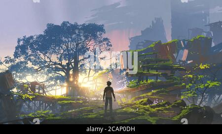 Junger Mann steht in der überwucherten Stadt bei Sonnenuntergang, digitale Kunst Stil, Illustration Malerei Stockfoto