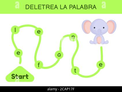 Deletrea la palabra - Spell the Word. Labyrinth für Kinder. Rechtschreibwortschablone. Lernen Sie Wort Elefant zu lesen. Aktivitätsseite für Spanisch lernen Stock Vektor