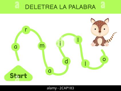 Deletrea la palabra - Spell the Word. Labyrinth für Kinder. Rechtschreibwortschablone. Lernen, Wort armadillo lesen. Aktivitätsseite für Spanisch lernen Stock Vektor