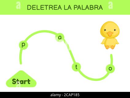 Deletrea la palabra - Spell the Word. Labyrinth für Kinder. Rechtschreibwortschablone. Lernen Sie Wort Ente lesen. Aktivitätsseite für Spanisch lernen Stock Vektor