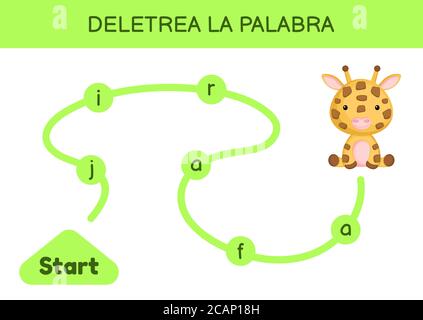 Deletrea la palabra - Spell the Word. Labyrinth für Kinder. Rechtschreibwortschablone. Lernen Sie Wort Giraffe zu lesen. Aktivitätsseite für Spanisch lernen Stock Vektor