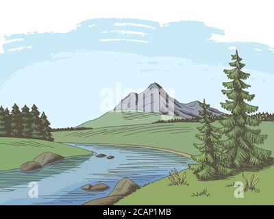 Mountain River Grafik Farbe Landschaft Skizze Illustration Vektor Stock Vektor