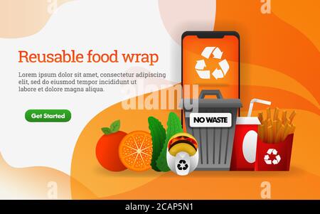 3D-Lebensmittel. Junk-Food mit Thema reduzieren, wiederverwenden, recyceln. Enthält Dump, Pommes und Hamburger. Kann für, Landing Page, Vorlage, Web, Banner, Vektor verwenden Stock Vektor