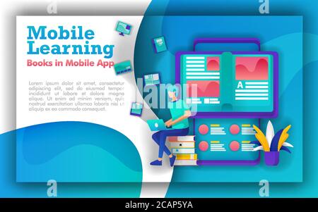 Abstrakte Illustration für mobiles Lernen und Bildung. Studenten sitzen in Haufen von Büchern, Bücher, die aus dem Smartphone kommen. Online-Lernen mit mobi Stock Vektor