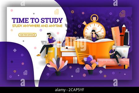 Vektordarstellung der Untersuchungszeit. Bildung aktuelle Veranstaltungen erfordern die Schüler zu nutzen, die Zeit des Studiums. Student Lernen mit Technologie und boo Stock Vektor
