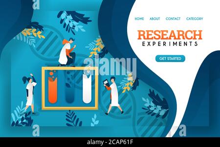 Forschungsexperiment. Gesundheitsbanner. Junge Wissenschaftler untersuchten Flüssigkeiten in Röhren. Flache Cartoon-Vektor-Illustration Stock Vektor