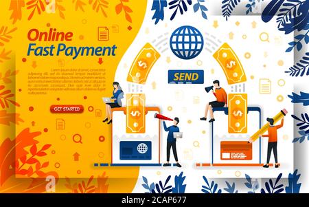 Schnellste Online-Zahlung. Übertragen Sie Geld online mit Karten und Smartphones. Senden Sie Geld, Konzept Vektor Ilustration. Kann für, Landing Page, Vorlage, Stock Vektor