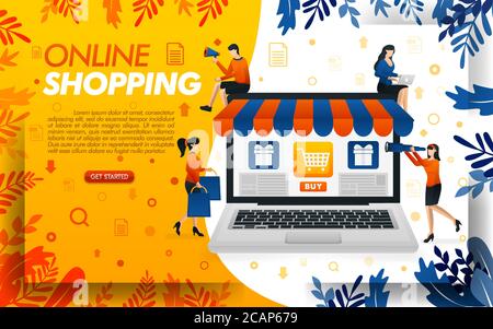 Online-Shopping-Website-Design. Menschen sind Online-Shopping mit Laptops, Konzept Vektor Ilustration. Kann für, Landing Page, Vorlage, ui, Web, Mob Stock Vektor