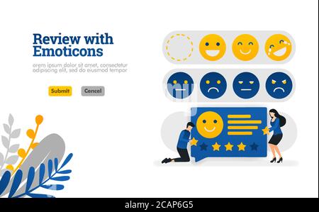 Überprüfen Sie mit Emoticons. Menschen, die Bewertungen und Vorschläge mit Emoticons Vektor Illustration Konzept geben kann für, Landing Page, Vorlage, ui U verwendet werden Stock Vektor