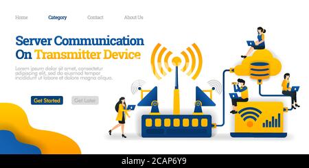 Server-Kommunikation auf Transmitter-Gerät. Transmitter verteilt Daten aus der Datenbank. Vektor flache Illustration Konzept, kann für, Landing Page, t verwenden Stock Vektor