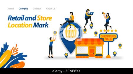 Überprüfen Sie die Position des nächstgelegenen Geschäfts oder Marktes, der tägliche Notwendigkeiten bietet. Vektorgrafik, Flat Icon Style geeignet für Web Landing Page, Banner, Stock Vektor
