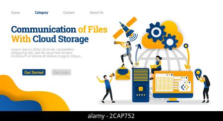 Kommunikation von File mit Cloud Storage zwischen Personal Device, Storage und Satellite. Vektor flache Illustration Konzept, kann für verwenden, Landing Page, Stock Vektor