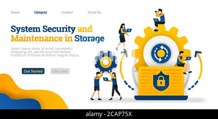 Systemsicherheit und Wartung im Speicher. Systemsicherheit bei der Datenpflege. Vektor flache Illustration Konzept, kann für, Landing Page, Vorlage verwenden Stock Vektor