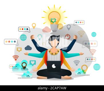 Yoga und Meditation, um Inspiration in der Arbeit zu finden. Männlicher Programmierer sucht Aufklärung beim Abschließen des Geschäftsprojekts. Vektorgrafik Für Webseite, Stock Vektor