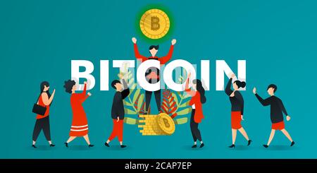 Flache cartoon Charakter. Vector Illustration für Business, Marketing, Web, Finanzen, Währung. Mann, Aufzüge glühende Bitcoin und zeigen den Menschen. Stock Vektor