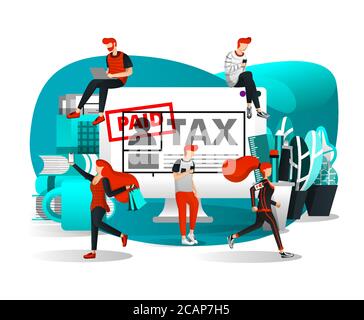 Vector Illustration für Web Seite, Element, Banner, Präsentation, Plakat, Landing Page, Flyer, App, UI. Menschen, die täglich rund um einen großen Schreibtisch Stock Vektor