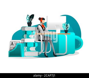 Vektorgrafik für Webseite, Banner, Präsentation, Social Media, UI. Technischer Support für Frauen, der am Schreibtisch arbeitet. Konzept von Ideen aus Beratung, Hilfe, Stock Vektor