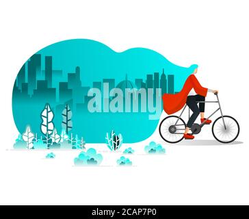 Frauen Reiten Fahrrad rund um die Stadt im Sommer, starker Wind weht in Park Haar, Radfahren für die Gesundheit. Flache Cartoon Stil. Vector Illustration für Web Seite Stock Vektor