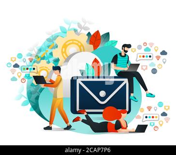 Vektor Illustration von Kommunikation und Internet, Gruppe von Menschen, die miteinander kommunizieren, lernen und arbeiten. Junge Leute benutzen E-Mail A Stock Vektor