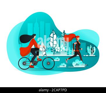 Mädchen genießen Freizeit am Sommermorgen mit sportlichen Aktivitäten im City Central Park wie Laufen & Radfahren. Flacher Cartoon-Stil. Vektorgrafik F Stock Vektor