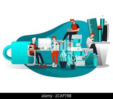 Vektorgrafik Für Web-Seite, Element, Banner, Präsentation, Poster, Landing Page, Flyer, App. Gruppe von Männern, die zusammen arbeiten und studieren in L Stock Vektor