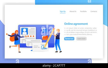 Flache Vektor-Illustration für Web, Banner, Landing Page, mobile, UI. Geschäftsmann Unterzeichnung Online-Vertrag mit Computer. Smart digital agreme Stock Vektor