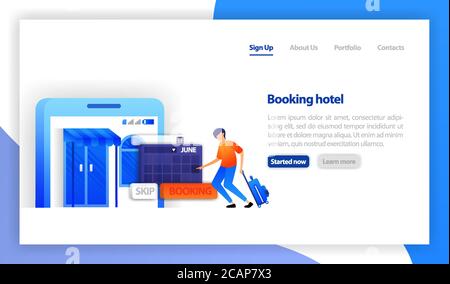 Hotelsuche und Hotelbuchung online. Schnittstelle der isomatrischen Reservierungsanwendung. Der Kunde bestimmt das Datum der Hotelreservierung. Flat Vector illus Stock Vektor
