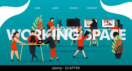 Flache Cartoon-Charakter. vektor-Illustration für Technologie, Startup, kreative Industrie. Mitarbeiter arbeiten am ARBEITSPLATZ. Menschen diskutieren, arbeiten Witz Stock Vektor