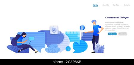 Kommentarfeld und Dialog. Menschen chatten einander mit Blase Chat Emoticons für Sprache und Kommunikation. Flache Illustration Konzept für Landing Page, wir Stock Vektor