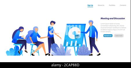 Geschäftsführer und Mitarbeiter treffen sich zu diskutieren und diskutieren Unternehmensfragen mit Daten. Business-Seminar. vektor-Illustration Konzept für Landing Page, wir Stock Vektor
